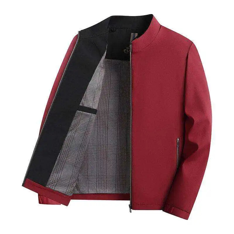 A stylish, cool and versatile solid color casual and trendy business jacket with a stand-up collar for senior dads