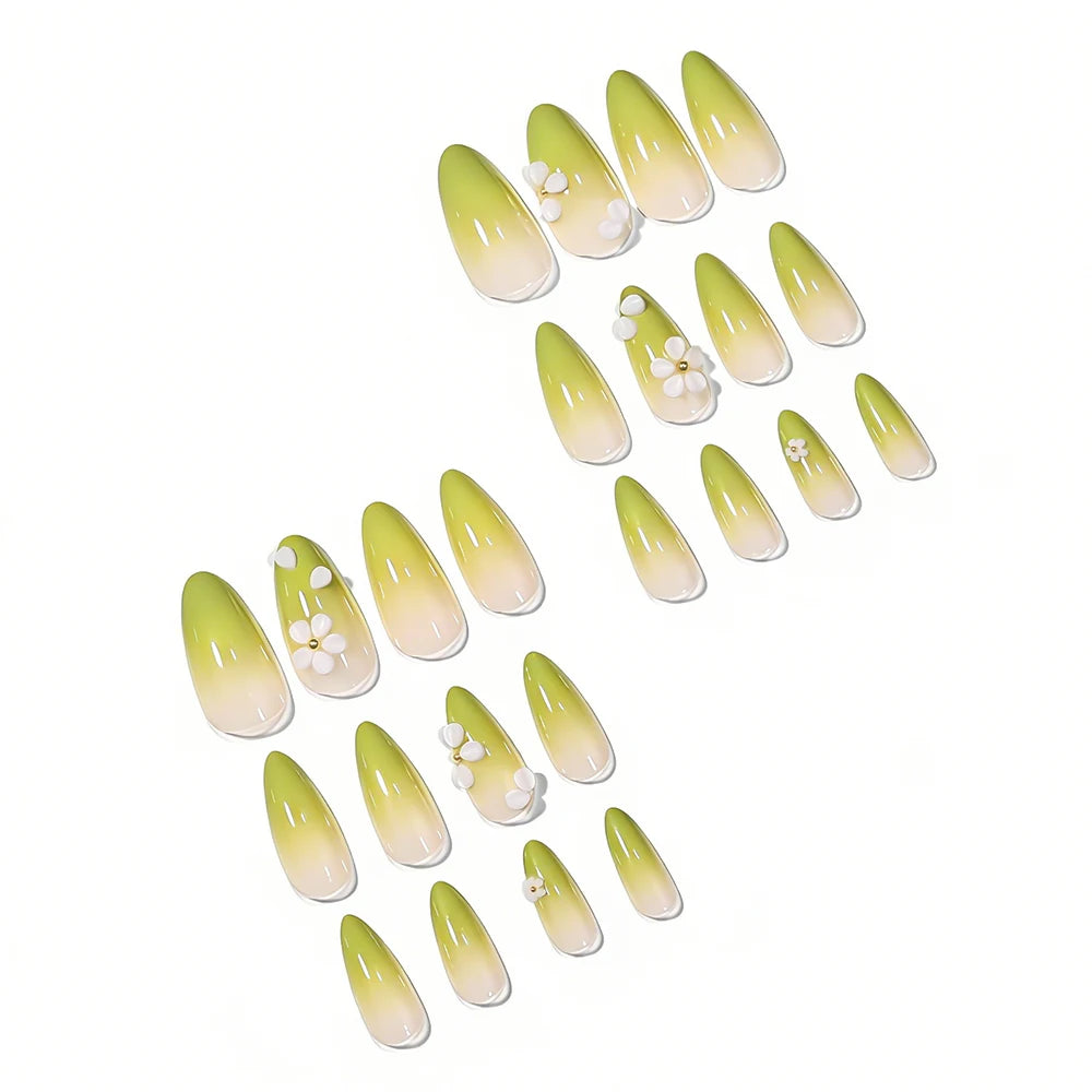 24pcs Gradient Green French Wearable Press on Nails Medium Almond Spring Petal Full Cover Fake Nail Tips Floral False Nails