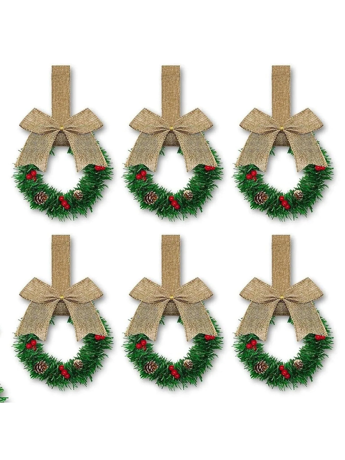 6pcs Christmas Kitchen Cabinet Wreaths with Ribbon, Mini Christmas Wreath Small Kitchen Xmas Decor for Window Door 