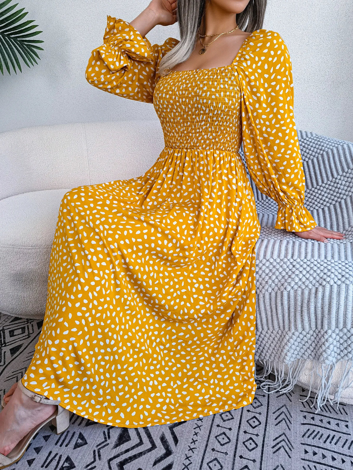 Spring Autumn Women's Elegant Polka Dot Square Neck Flare Long Sleeve Slim Waist Floral Dress Yellow Pink Red Woman Clothing