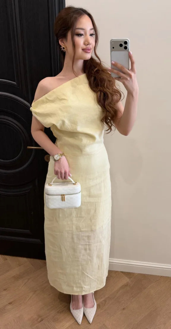 Elegant Solid One Shoulder Dresses Lady Skew Collar Waist-cinching Sleeveless Long Dress 2026 Women New Party Club Gowns