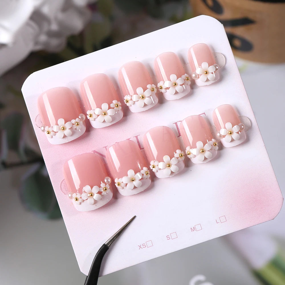 24pcs Medium Long Acrylic Fake Nails 3D Flower Pearl Design Press on Nails Ballerina Full Cover False Nails Tips for Women