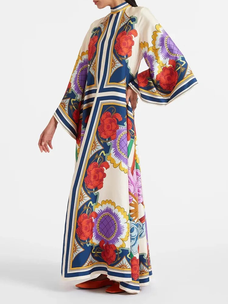Elegant Stand Collar Printed Dress – High Waist Long Sleeve Casual Party Wear | فستان نسائي أنيق بطبعة وياقة عالية – خصر مرتفع وأكمام طويلة لإطلالة كاجوال أو حفلات
