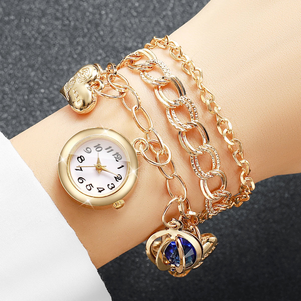 Fashion Women Gold Multi‑Layer Bracelet Watch Love Heart Blue Crystal Charm Quartz Wristwatch Relogio Feminino（Without Box）