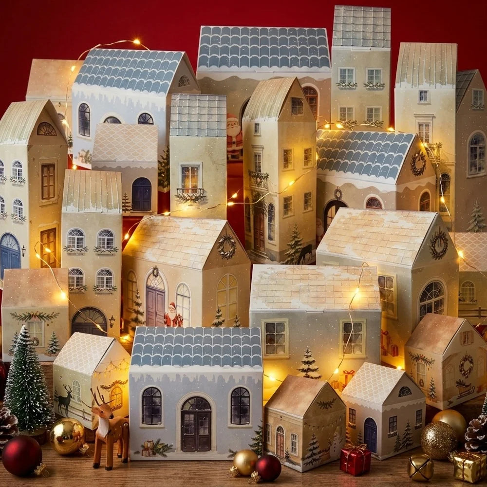 24 Pcs Christmas House Boxes,24 Christmas Calendars Self Boxes DIY Christmas Village Houses Snow Landscape,Small Christmas Boxes