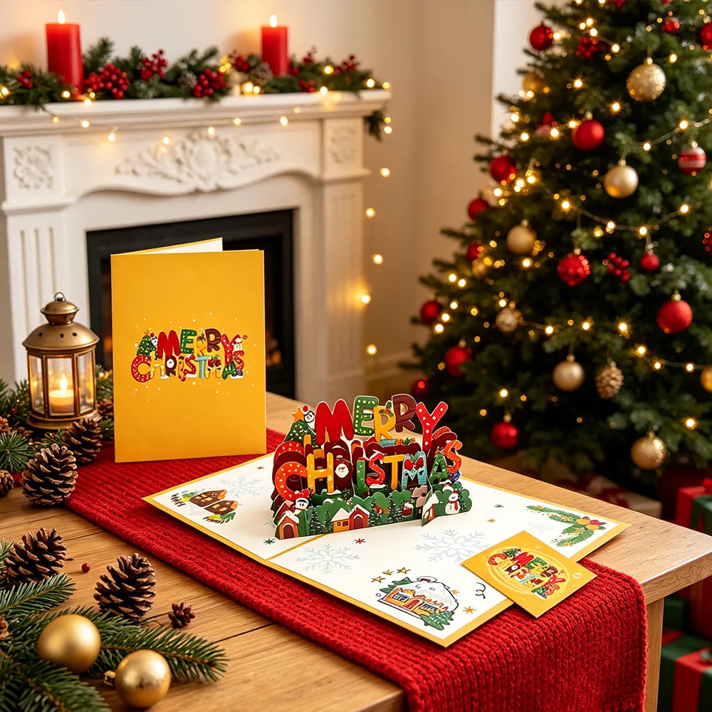 Christmas 3D Pop‑Up Greeting Card,Handmade Festive Xmas Pop‑up Card with Envelope,Merry Christmas Holiday Blessing Card forParty