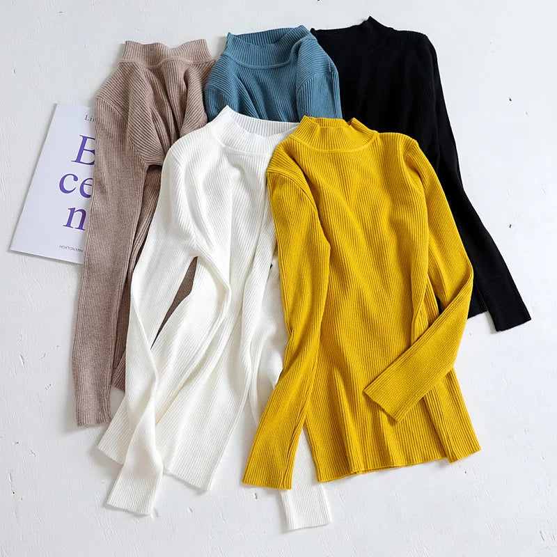 Women's Elegant Knitted Pullover Sweater Vintage Half High Neck Solid Tops Casual Slim Fit Sweaters Autumn Winter Basic Knitwear