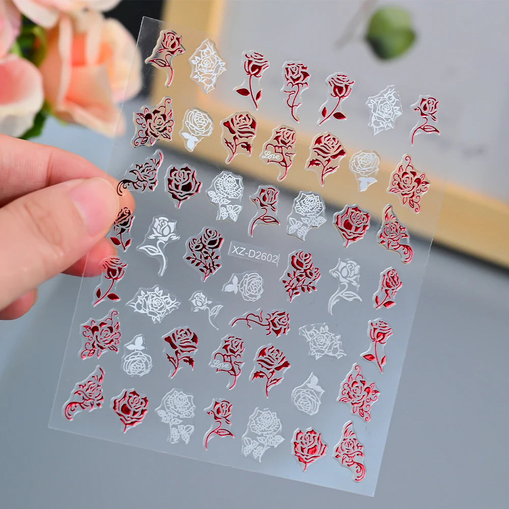 1Pc 3D Red Love Heart Nail Art Stickers Rose Flower Lip Self Adhesive Decals Valentine' Day Nail Sliders For Manicure Decoration
