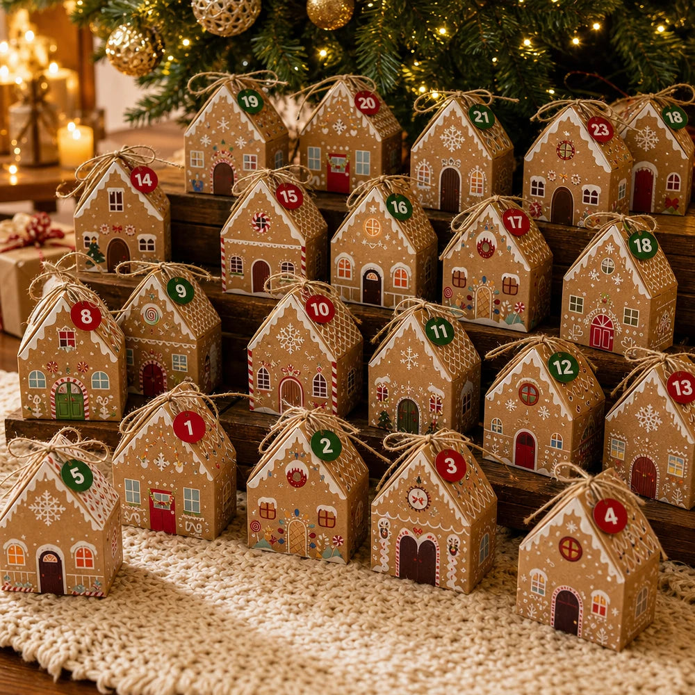 24 Days Christmas Advent Calendar Gingerbread House Boxes, Christmas Countdown Treat Boxes for Holiday Table Display 