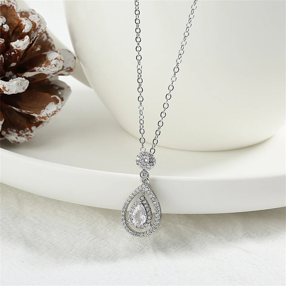 ZAKOL Simple Geometric Crystal White Zircon Pendant Necklace For Women Silver-Color Wedding Party Jewelry Gift With Box