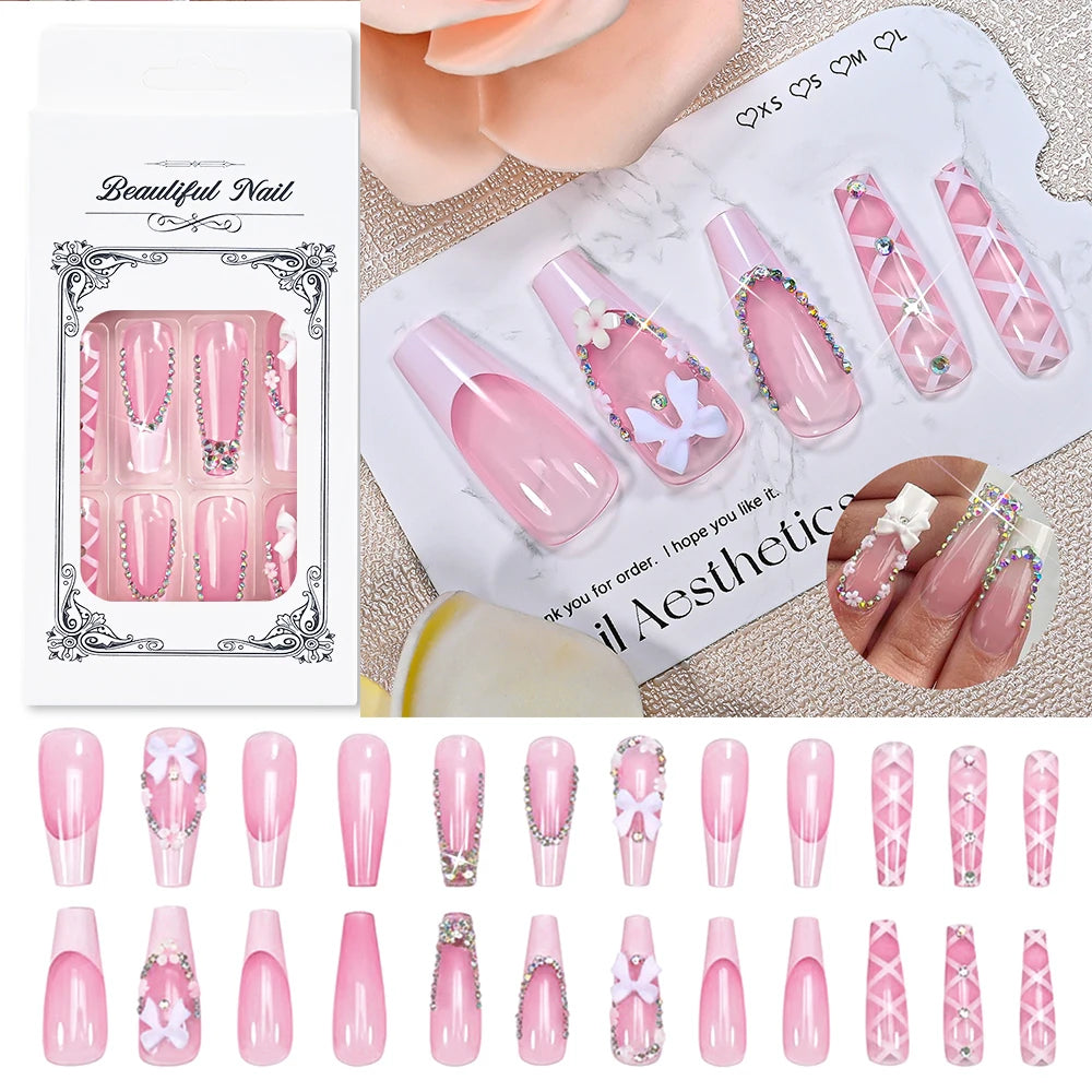 24Pcs Long Coffin French Fake Nails Acrylic Full Cover Square Head False Nails Bow Rhinestone Design Wearable Press on Nails