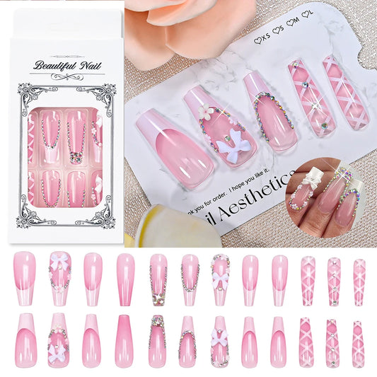 24Pcs Long Coffin French Fake Nails Acrylic Full Cover Square Head False Nails Bow Rhinestone Design Wearable Press on Nails