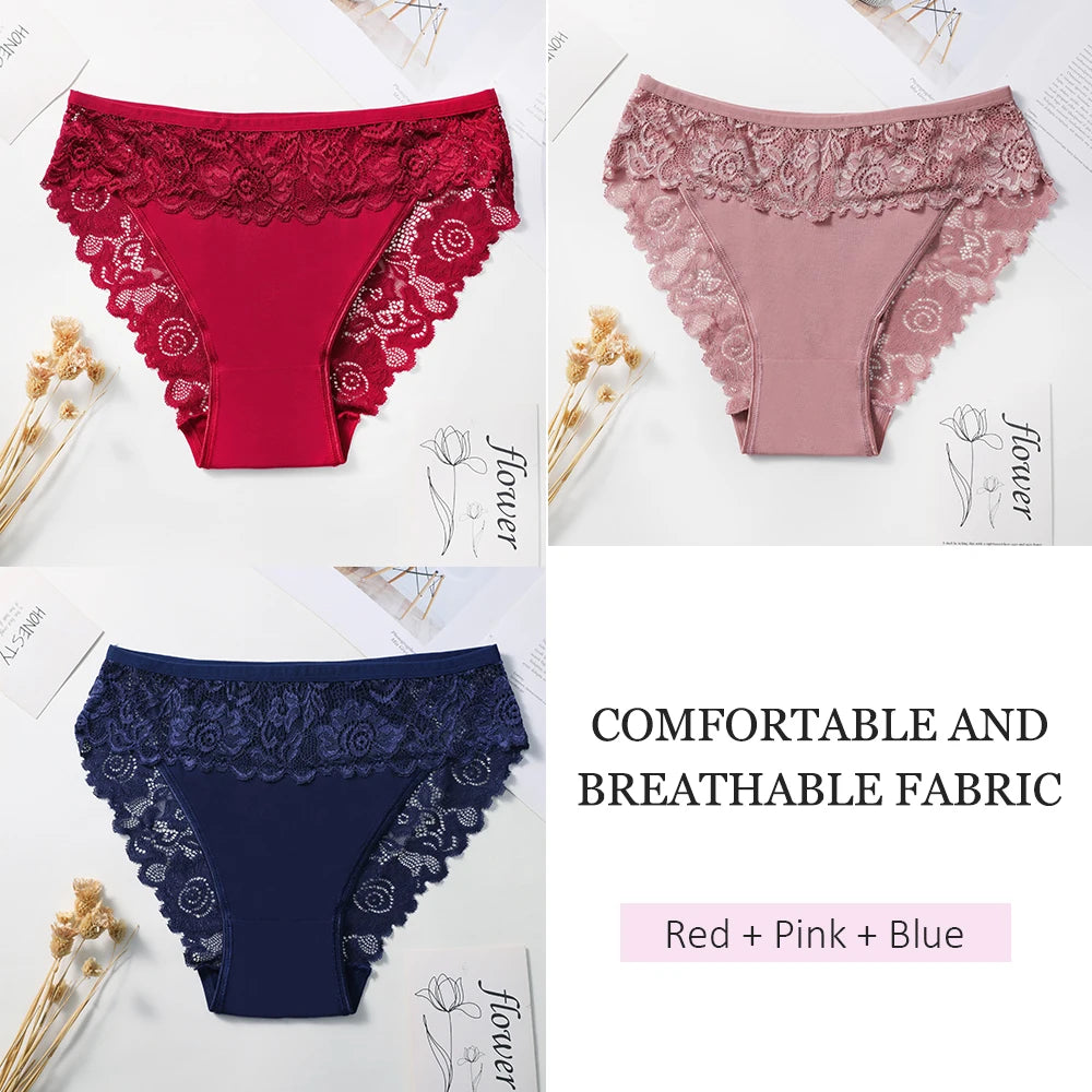 3PCS Women's Panties Sexy Hollow Out Flower Lace Cotton Splicing Briefs Comfort Lingerie Breathable Underpants Daily Wear