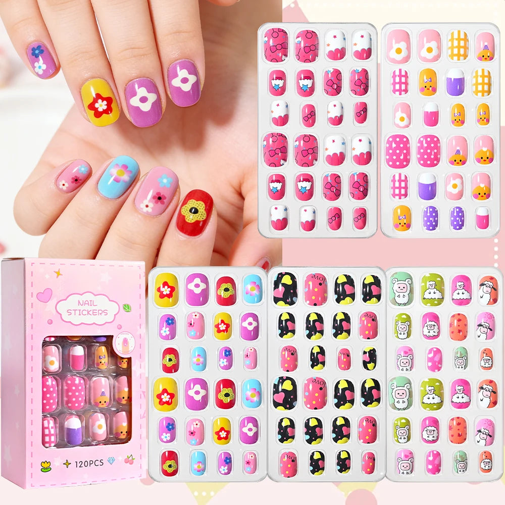 120Pcs Kids Cute Bow Heart Design False Nails Cartoon Animal Short Square Full Cover Fake Nail Tips for Girls Press On Nails