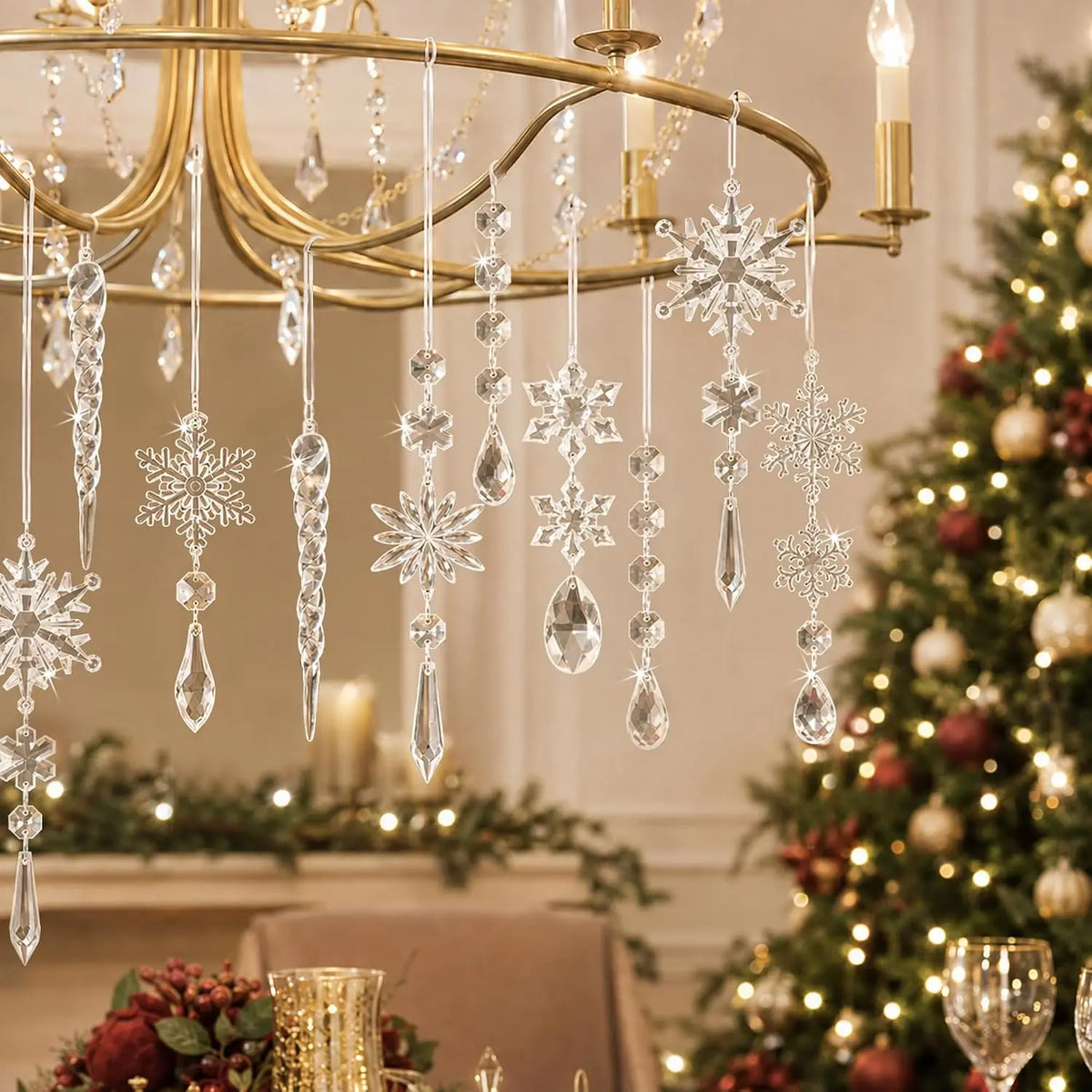 Clear Acrylic Christmas Icicle Snowflake Ornaments,Winter Wonderland Tree Decorations,Christmas Tree Window Mantel Hanging Decor