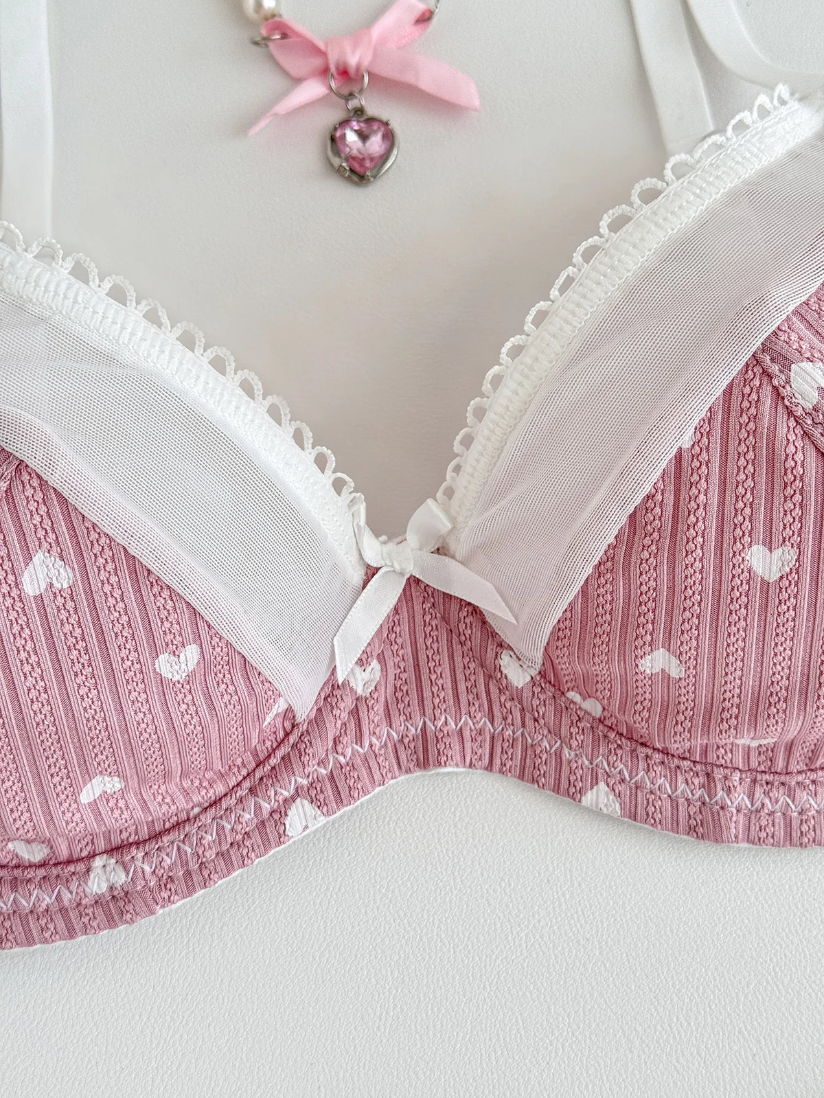 Pink Heart Print Women Lingerie Set Lace Mesh Underwire Unlined Bra Soft Comfort Daily Intimates Panties