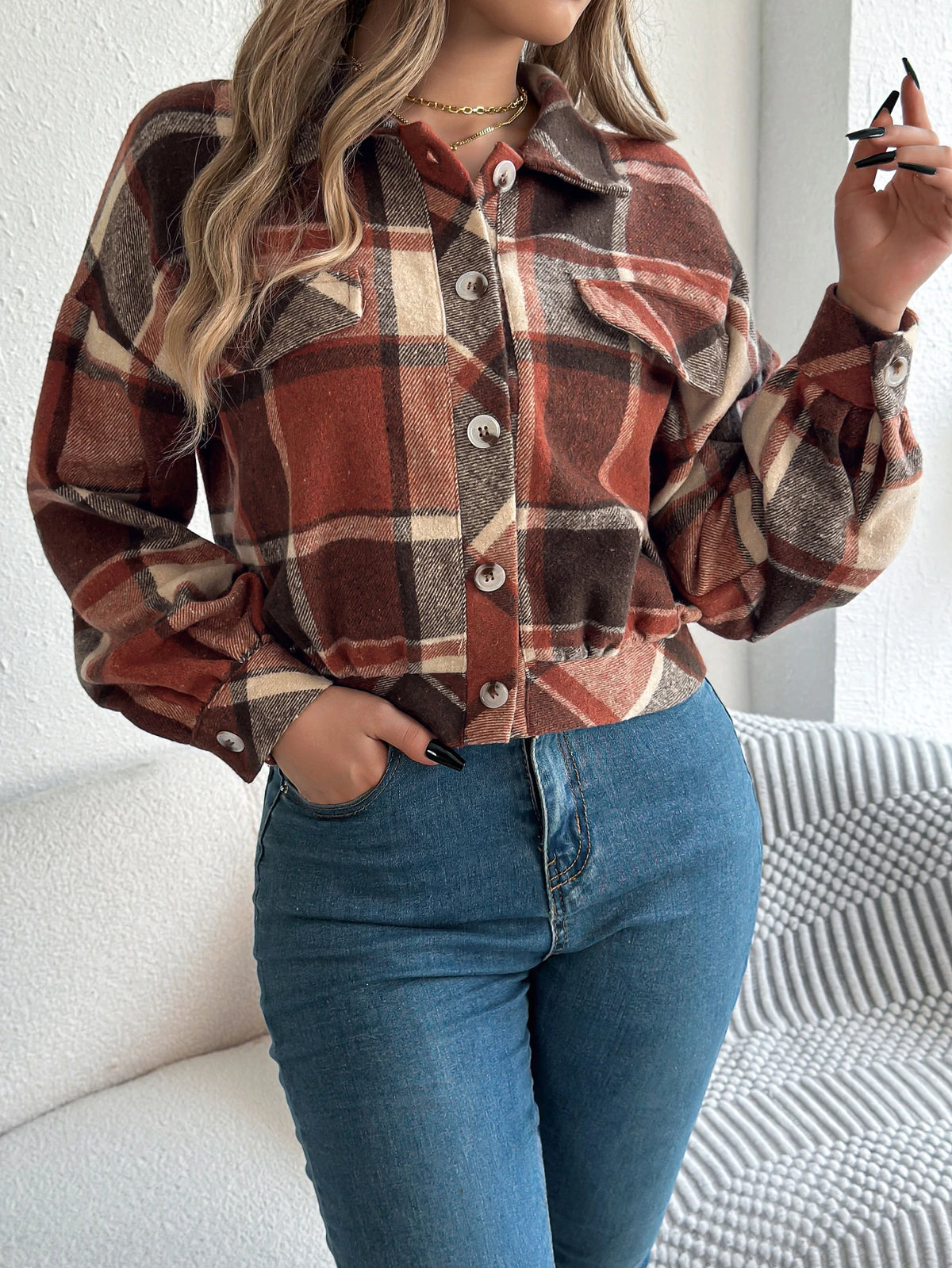 Autumn Winter Casual Plaid Cropped Jacket Lapel Lantern Long Sleeve Single Breasted Woolen Jacket 2026 Fashion Women Clothes