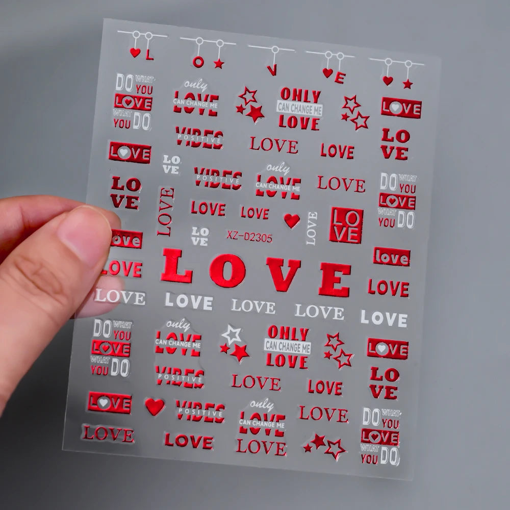 1Pc 3D Red Love Heart Nail Art Stickers Rose Flower Lip Self Adhesive Decals Valentine' Day Nail Sliders For Manicure Decoration