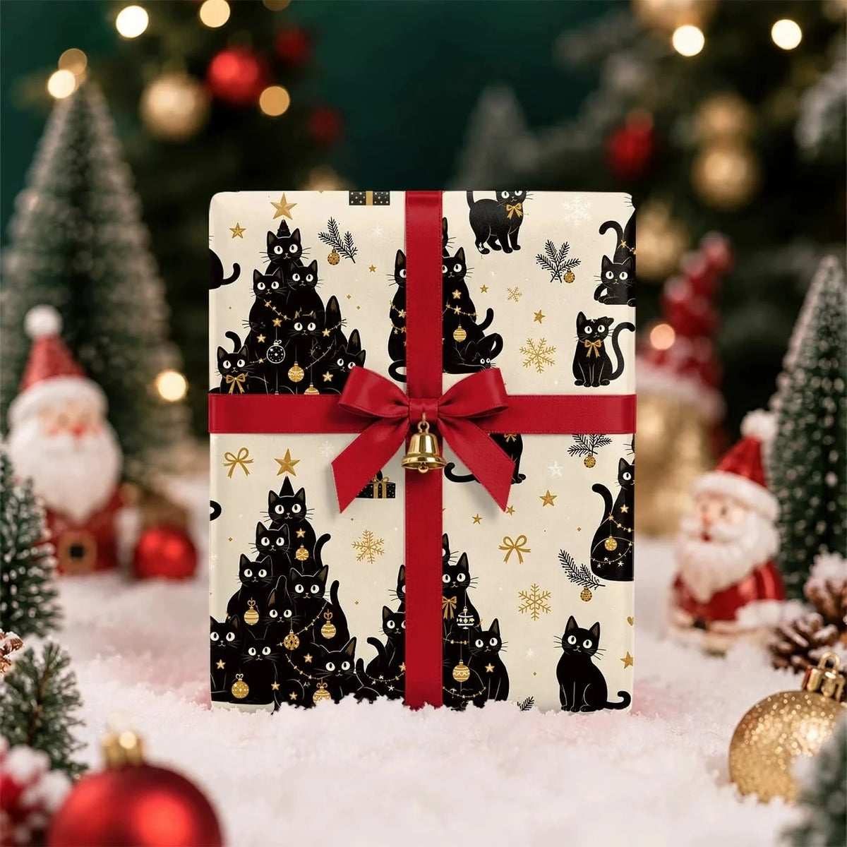 Black Cat Christmas Wrapping Paper Roll, Cute Cat Tree Pattern with Gold Snowflakes Stars Gifts, Beige Background Xmas Gift Wrap