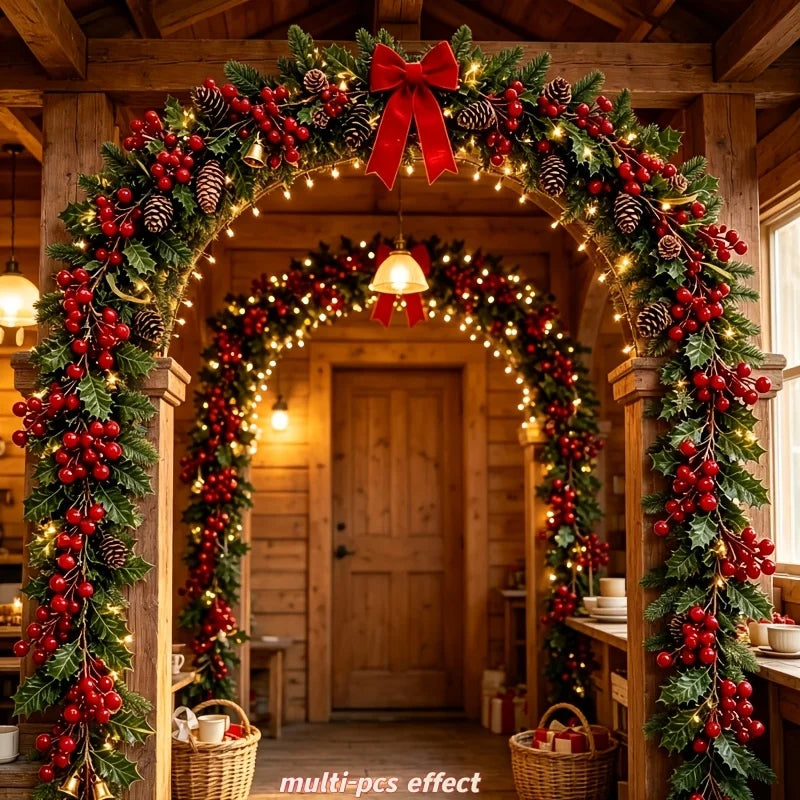 4Pcs 100cm Artificial Holly Berry Garland, Bendable Green Holly Leaf Red Berry Vine, Christmas Mantel Arch Stair Hanging Rattan