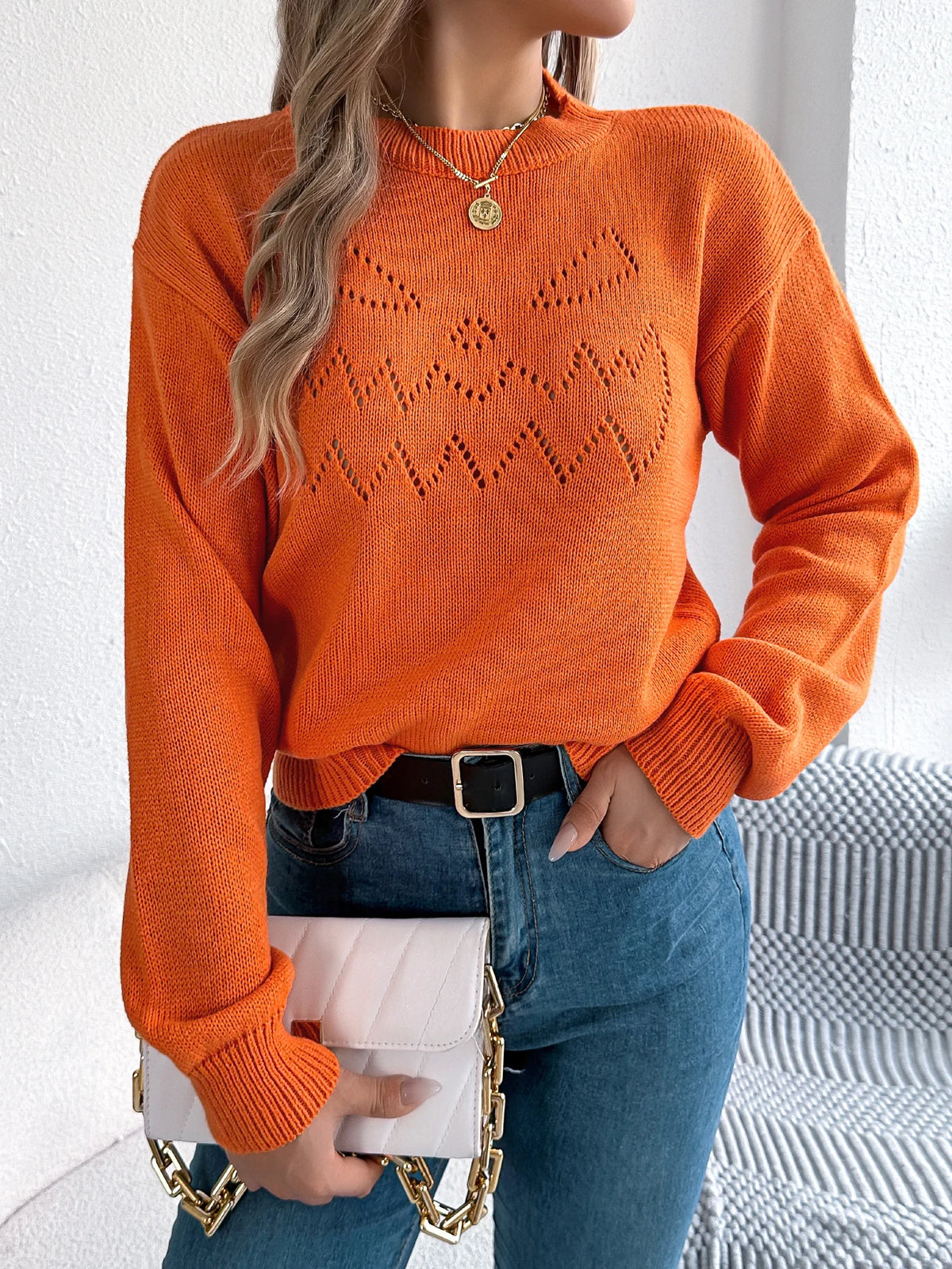 Halloween Women Sweaters for Autumn Winter Casual Solid Color Pumpkin Pattern Long Sleeve Knitted Pullover Tops Orange Khaki Red