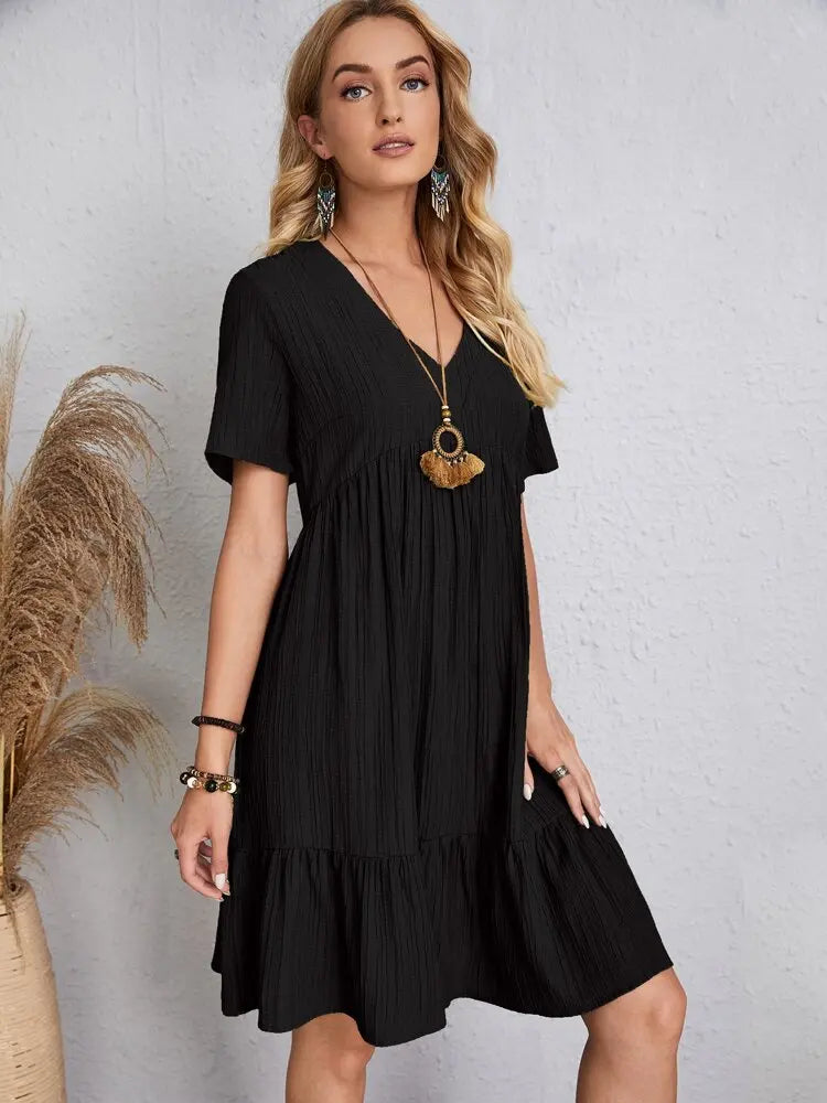 Women Elegant V Neck Ruffles Mini Dress Summer Vintage Solid Loose Sundress Bohemian Casual Solid Beach Party Vestidos
