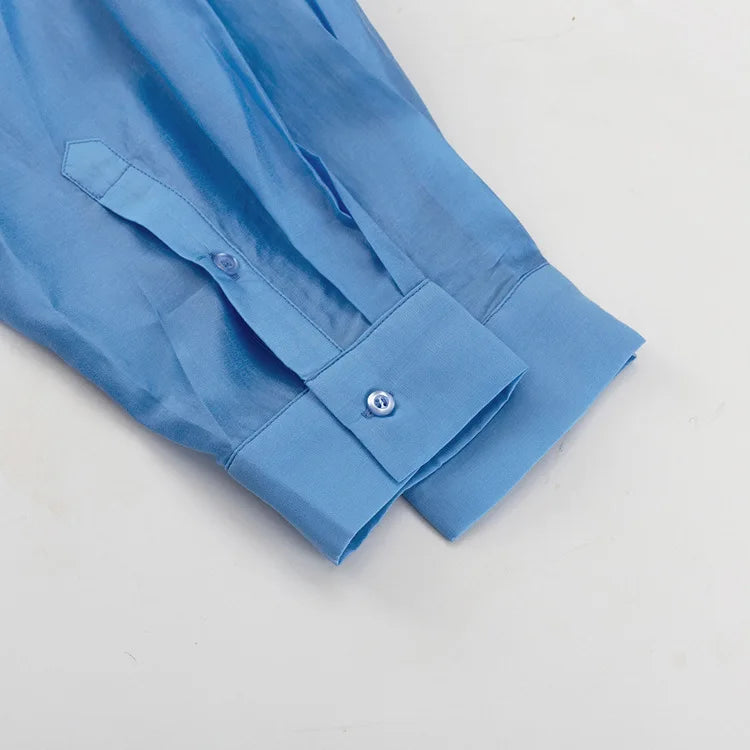 Casual Loose Solid See Through Blue Blouse For Women Sexy Lapel Long Sleeve Classic Shirt 2026 New Autumn Commuter Female Tops