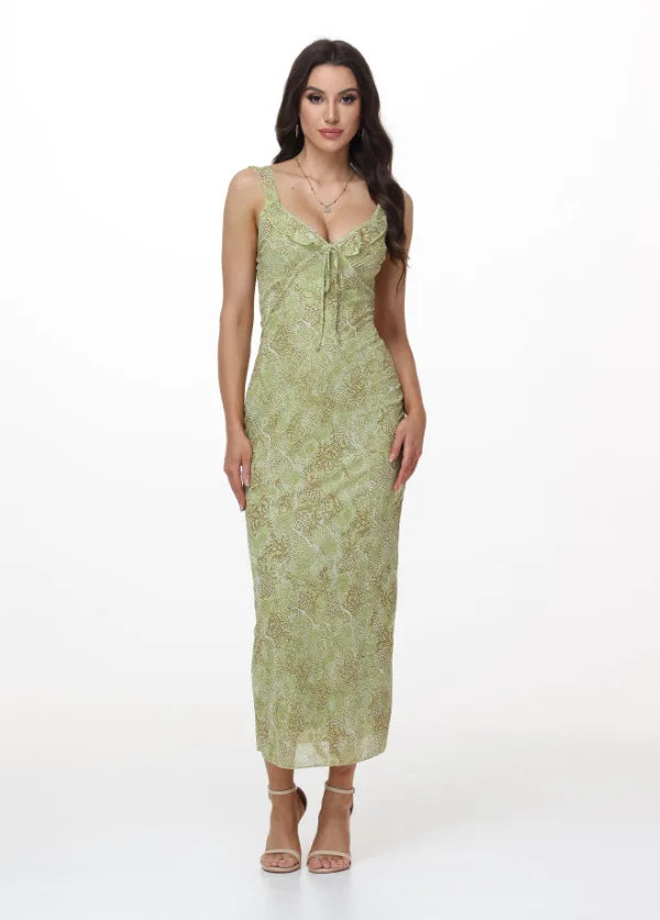 Elegant Summer Print Floral Dress Women V-neck Slim Ruffles Sleeveless Backless Long Dresses 2026 Beach Vacation Lady Vestidos