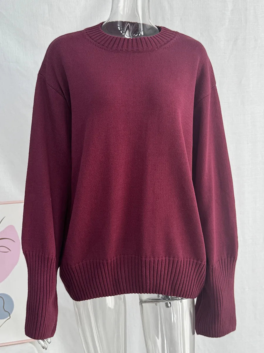 Women's Casual Solid Cotton Pullovers O-Neck Long Sleeve Warm Loose Knitted Top Female Autumn Winter Basic Soft Sweater