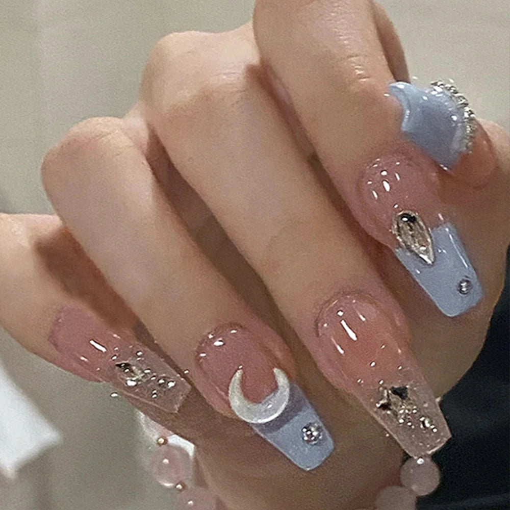 24Pcs Love Heart False Nails French Long Coffin Wearable Fake Nails Full Cover Bowknot/Moon Press on Nails Tips  for Women