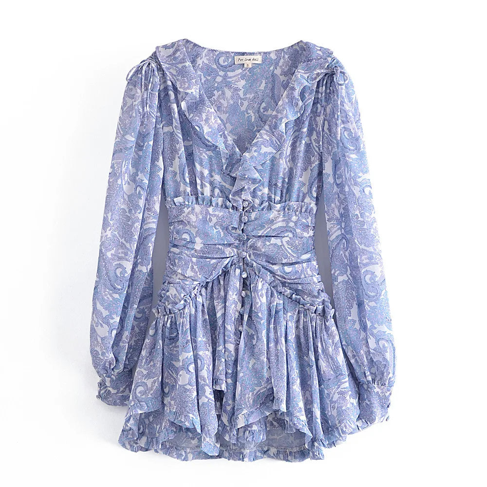 Boho Chic Floral Print Ruffle Mini Dress Women's Long Puff Sleeve V Neck Slim Fit A-line Party Dresses New Female Club Vestidos