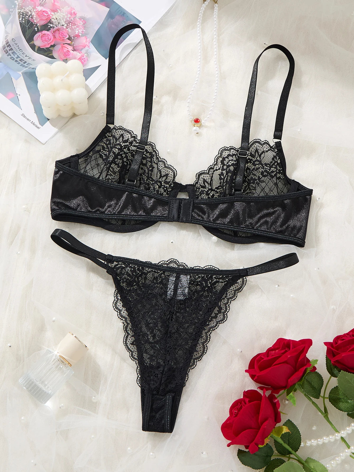 French Style Black Eyelash Lace Bralette and G-string Set - Elegant Sexy Lingerie with Heart Rhinestone Detail for Summer