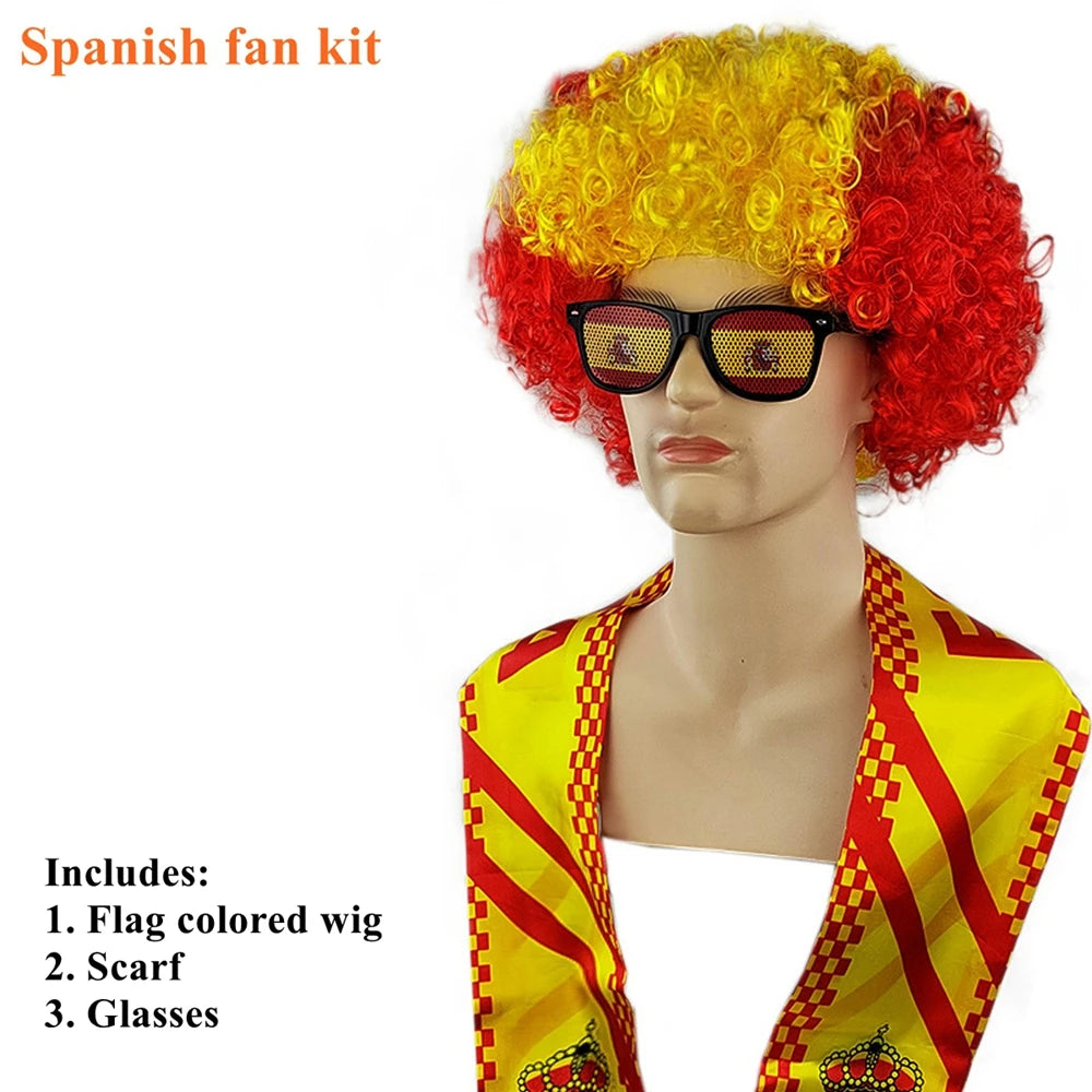 National Flag Color Explosion Wig Set - طقم باروكة مشجعين بألوان الأعلام مع وشاح ونظارات