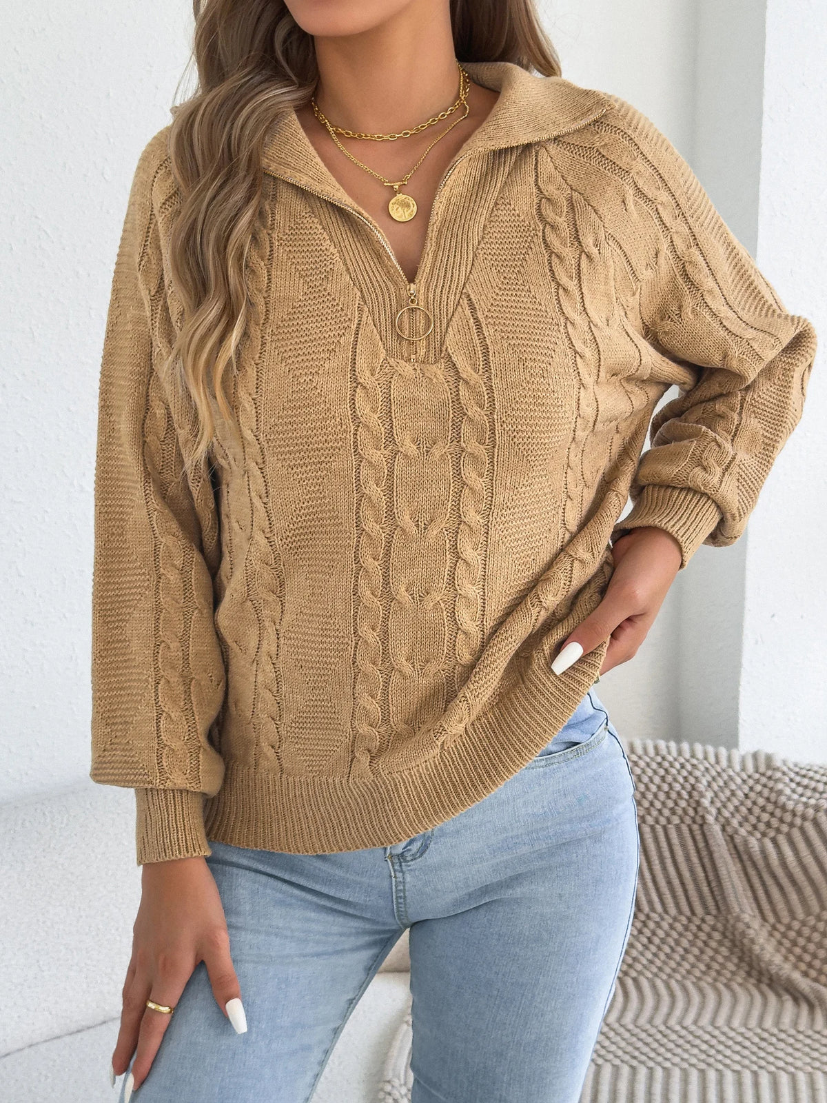 Women's Casual Turn Down Collar Half Zipper Sweaters 2026 Autumn Winter Lantern Long Sleeve Twist Knitted Tops Orange Khaki Red