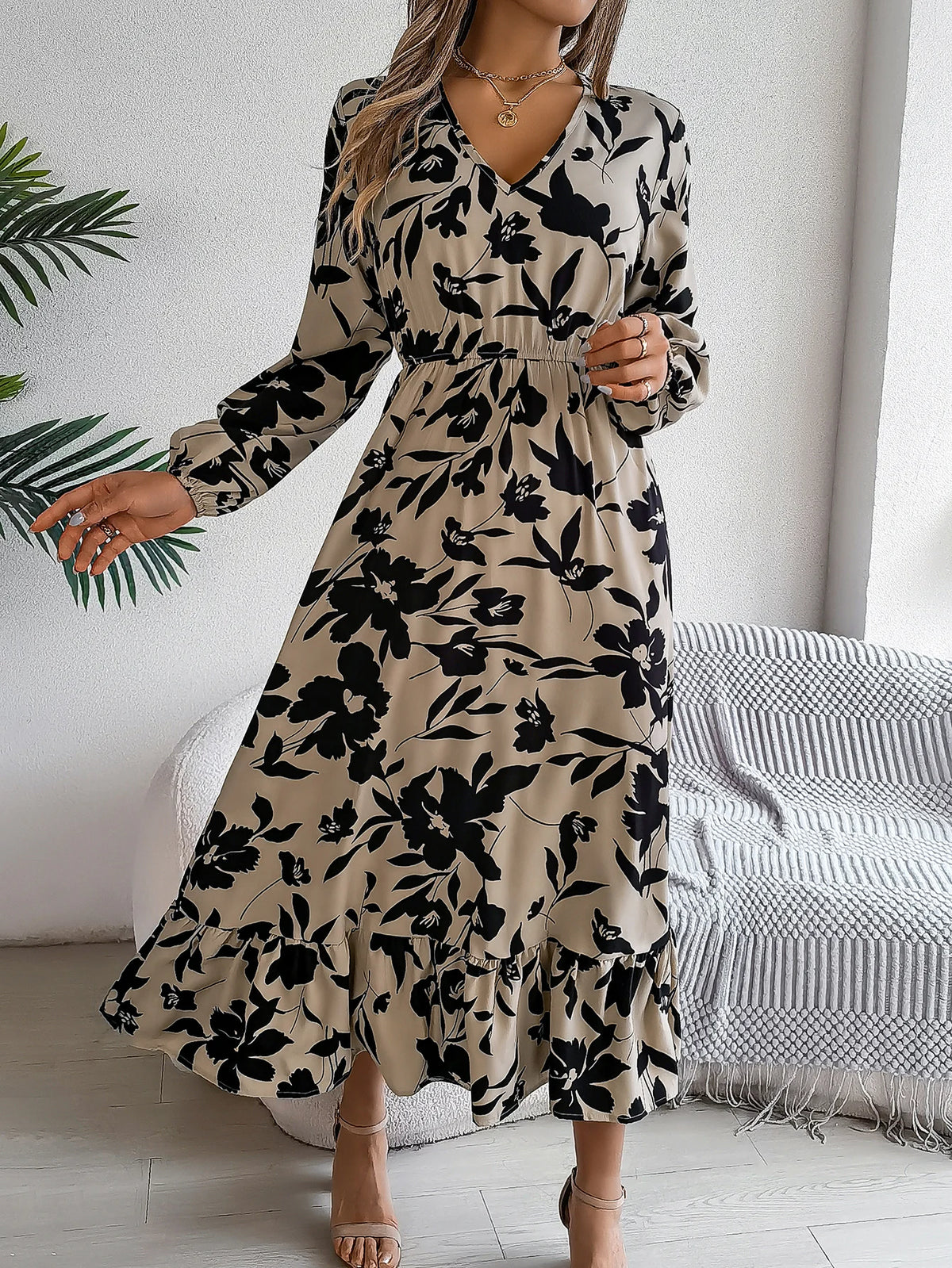 Spring Autumn Elegant V Neck Floral Print Dress 2026 Fashion Lantern Long Sleeve Ruffled Edge Maxi Dresses for Women Streetwear