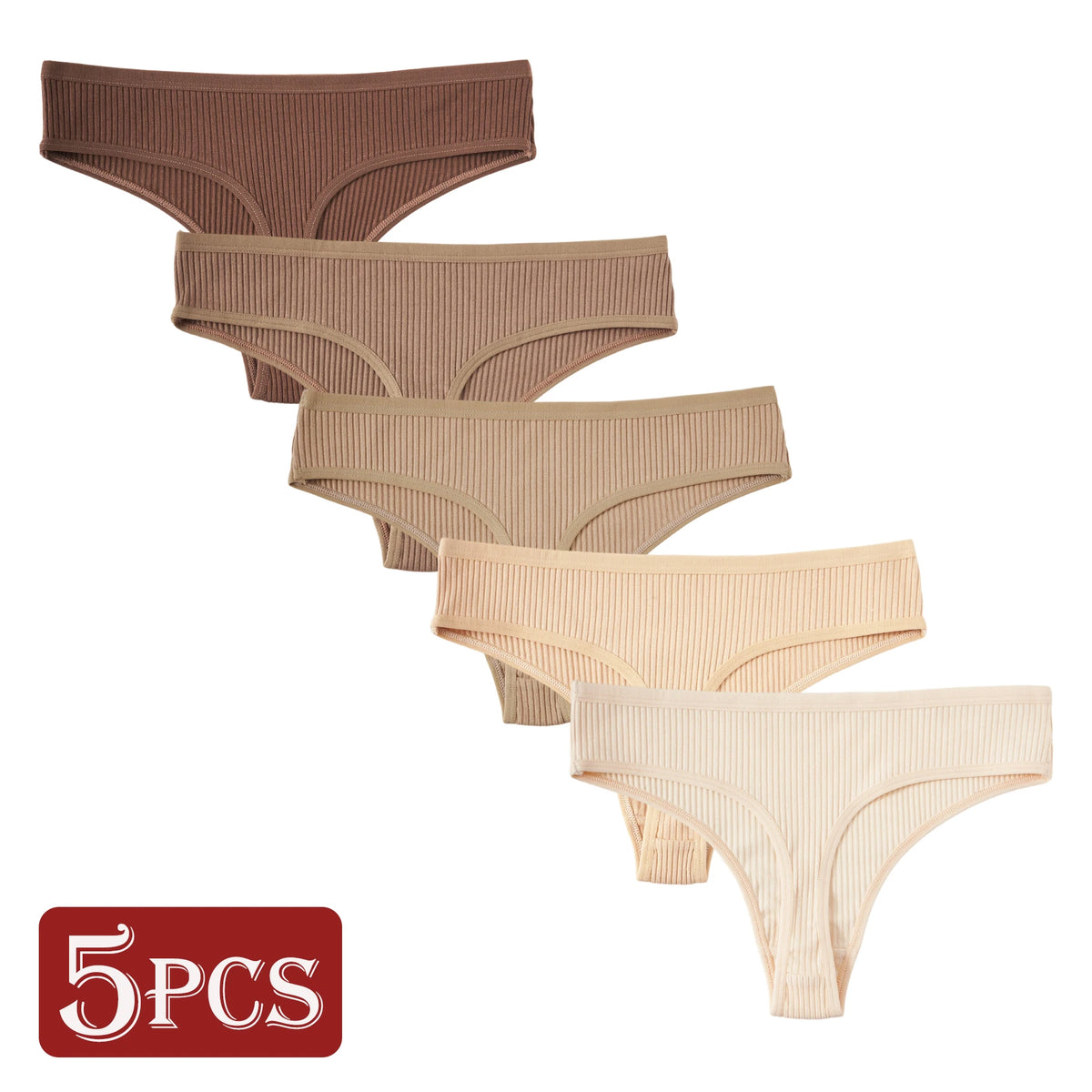 5PCS New Maillard Color Women's G-Strings Breathable Cotton Fabric Panties Sexy Low Waist Striped Thongs Female Bikini Lingerie