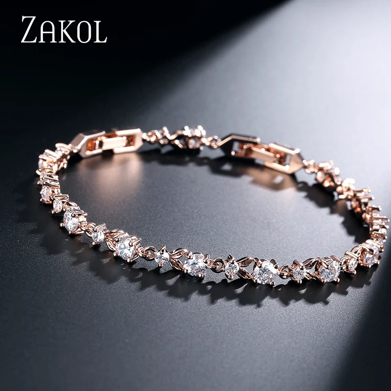 ZAKOL Exquisite Zircon Leaf Bracelets for Women Sliver Color Crystal Men Bangles Fashion Heart Zircon Girls Party Jewelry