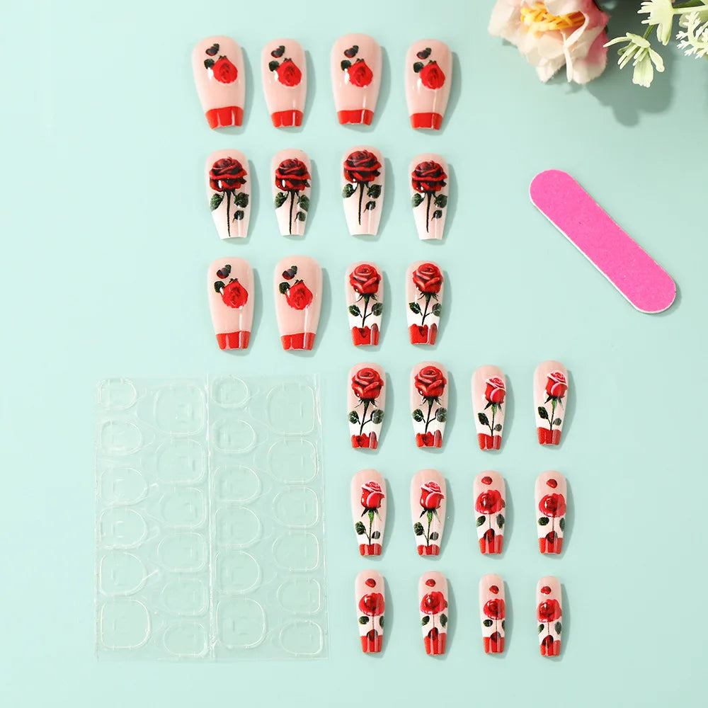 Medium long fake nails for women green white pink red flowers for Spring summer ballet tips full cover acrylic press on nail