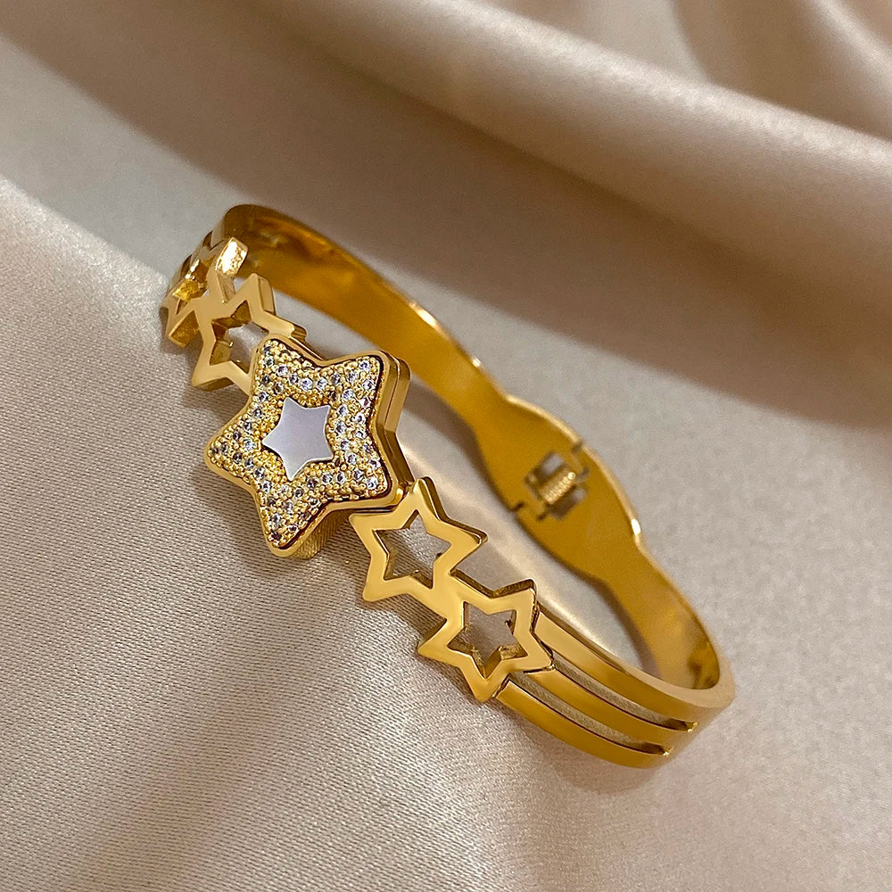 Flashbuy New Design Cubic Zircon Stainless Steel Bangles Bracelets for Women Geometric Gold Color Waterproof Fashion Jewelry