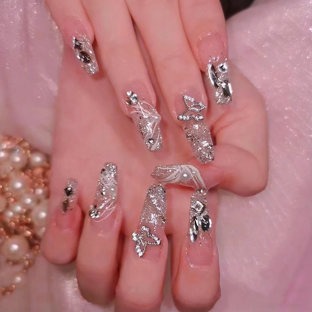 24Pcs Long Coffin Glitter False Nails Silver Butterfly Rhinestones Charm Design Wearable Press on Nails Full Cover Fake Nails