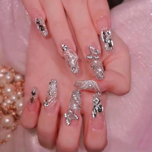 24Pcs Long Coffin Glitter False Nails Silver Butterfly Rhinestones Charm Design Wearable Press on Nails Full Cover Fake Nails