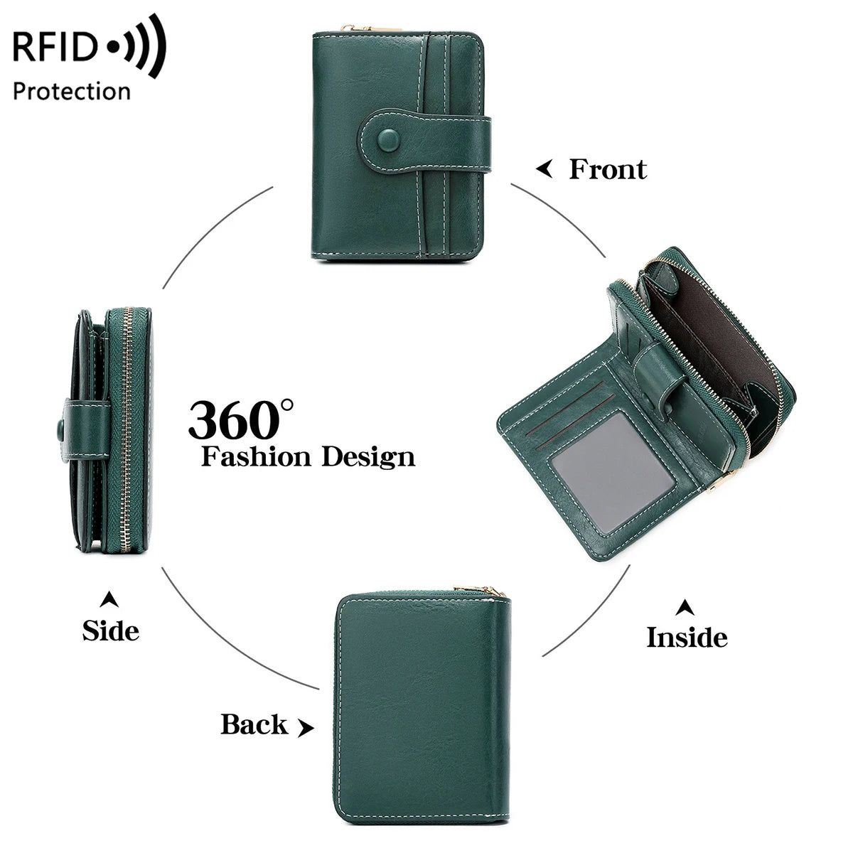 Women's RFID Blocking Wallet Multi-Card Holder Zipper Buckle Short Money Clip Retro Coin Wallet Functional Design