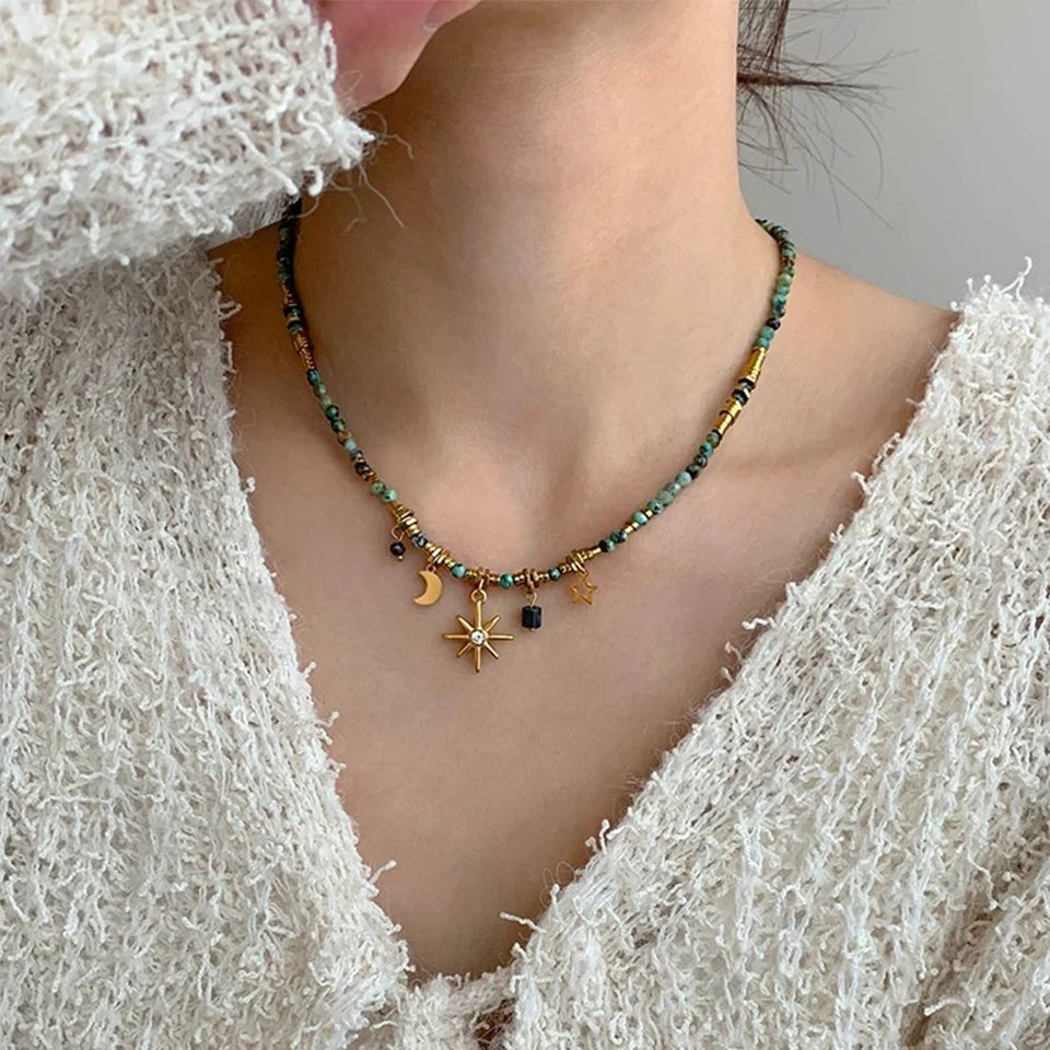 ZAKOL Vintage Bohemian Style Stone Beads Necklace for Women Charm Mang Star Pendant Stacked Clavicle Chain Fashion Jewelry Gifts