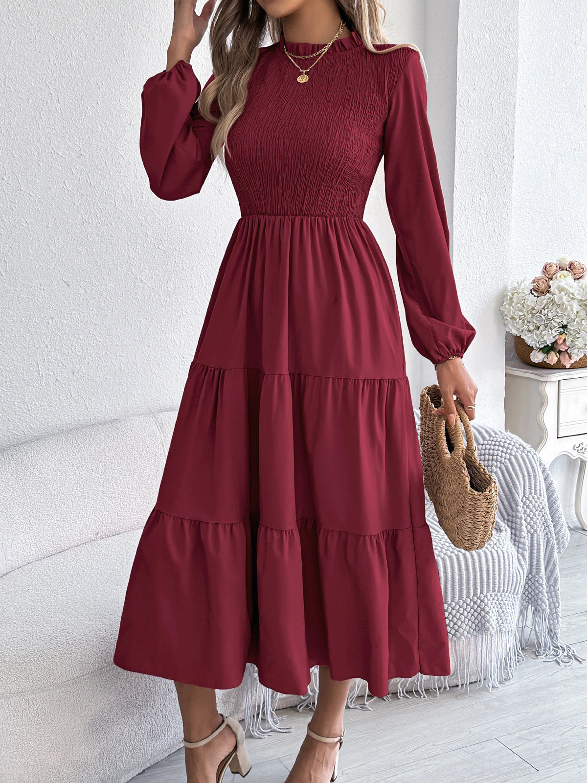 Autumn Winter Elegant Dress for Women Solid Color Round Neck Lantern Long Sleeve Ruffled Dresses Khaki Green Red Woman Clothing