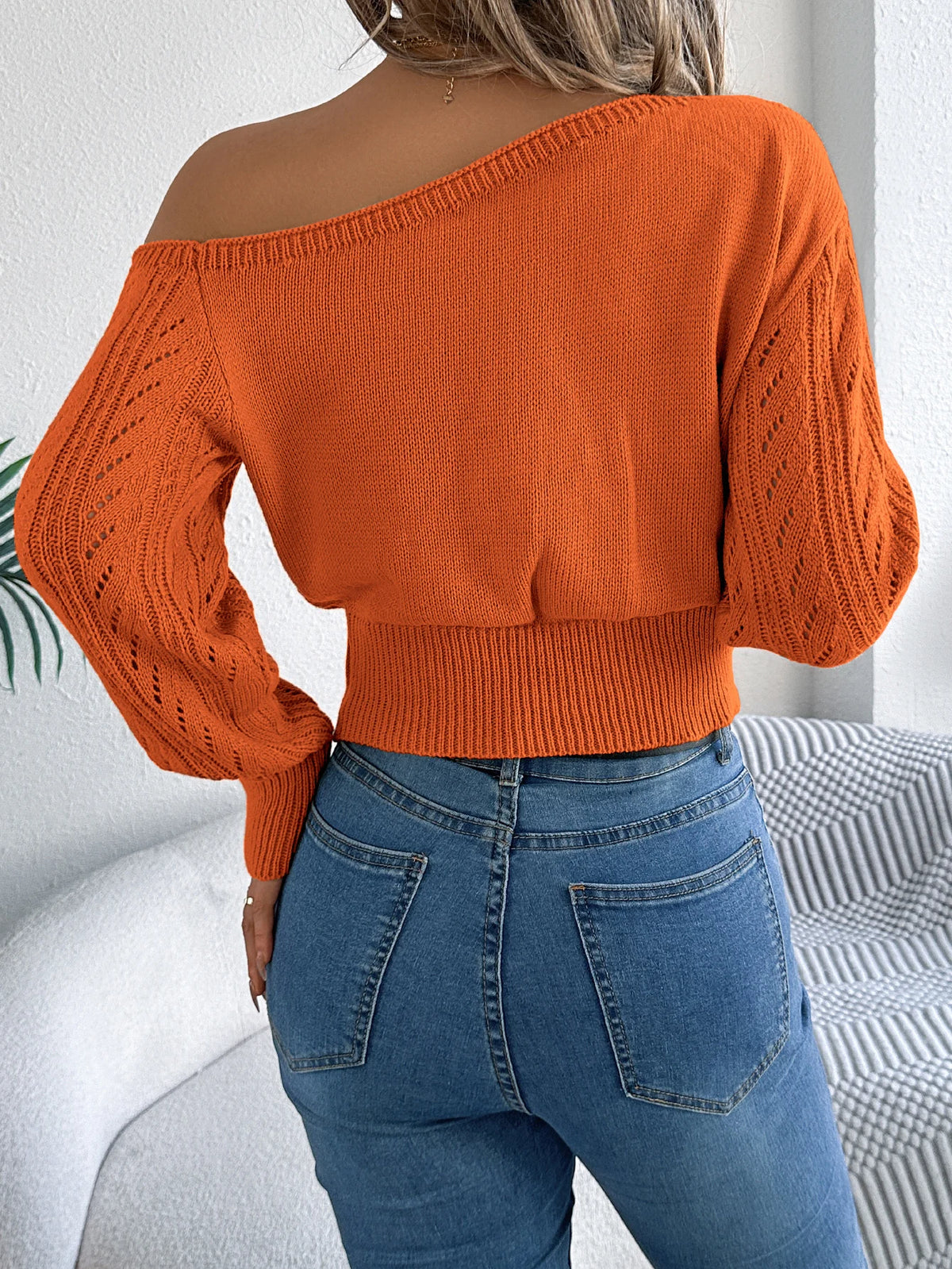 Autumn Winter Casual Elegant Slash Neck Off Shoulder Long Sleeved Knitted Pullover Sweater for Women