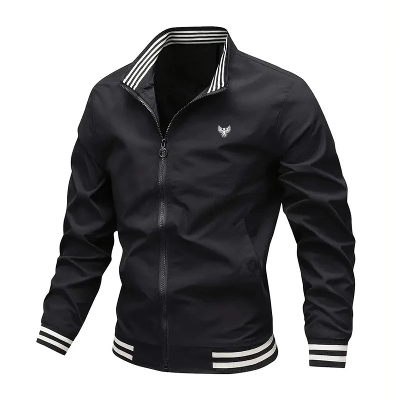Autumn Winter Men's Long-sleeved Zipper Stand Collar Jacket Non-fleece 100% Polyester Fiber Collar Striped Design Casual Jacket