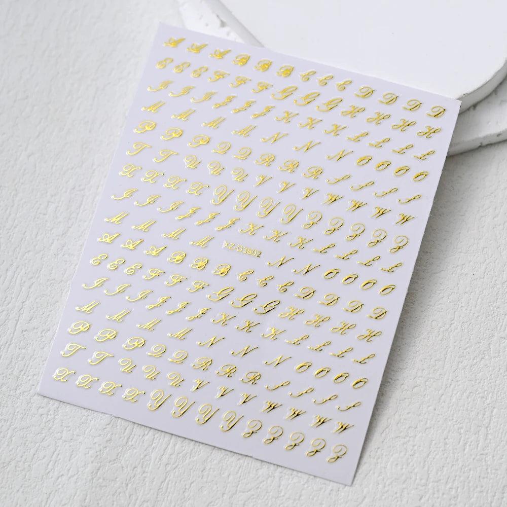 1pc Gold Silver English Letter Nail Sticker Black Laser 3D Alphabet Self Adhesive Decal English Words DIY Slider Manicure Decor