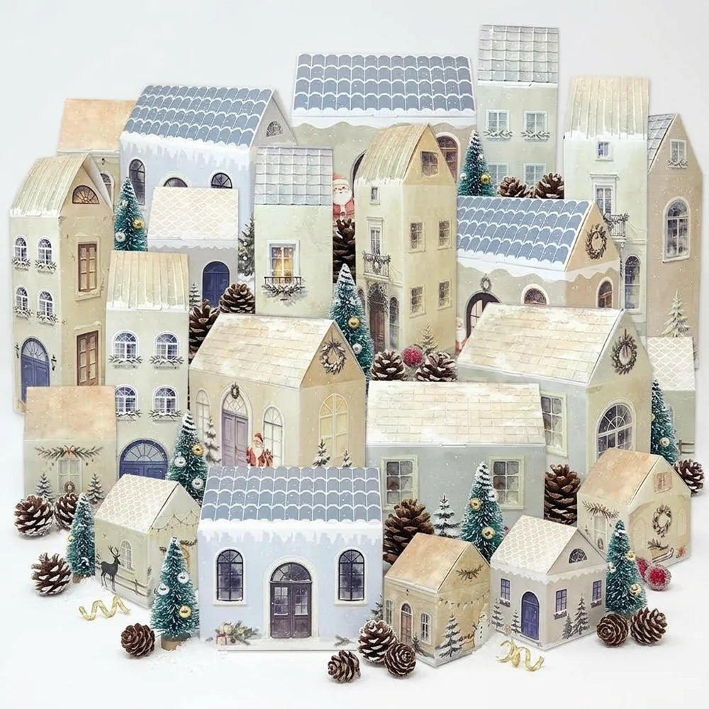 24 Pcs Christmas House Boxes,24 Christmas Calendars Self Boxes DIY Christmas Village Houses Snow Landscape,Small Christmas Boxes