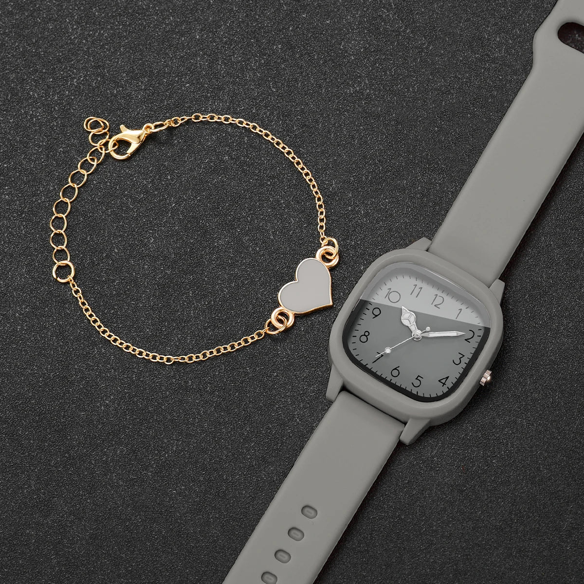2PCS Women Watch Heart BraceletSet Grey Square Dial Silicone Strap Ladies Quartz Wristwatch Clock Relogio Feminino (Without Box)