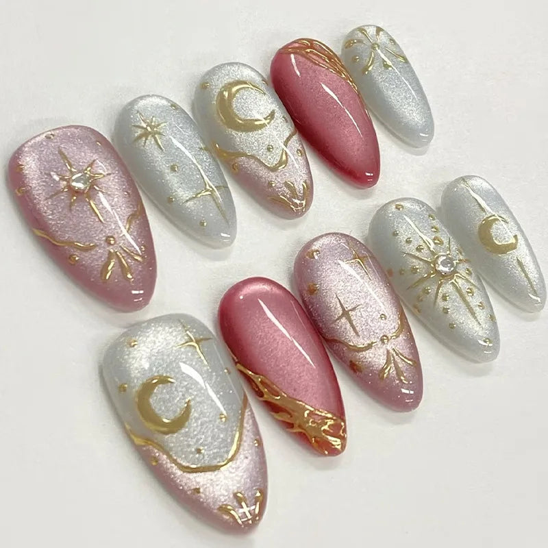 24Pcs Wine Red Almond Bow Heart Designs Press on Nails Glitter Cat Eye Diamond Nail Patch Wearable Elegant Full Cover Nail Tips